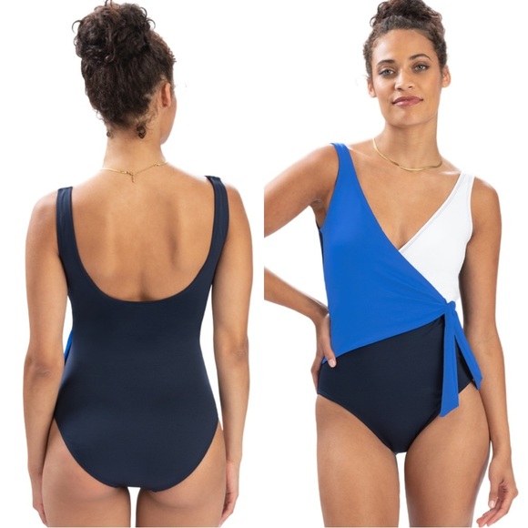 NWT DOLPHIN Aquashape Blue Wrap Front One Piece Swimsuit Size 8 Navy Capri Blue - Picture 1 of 16